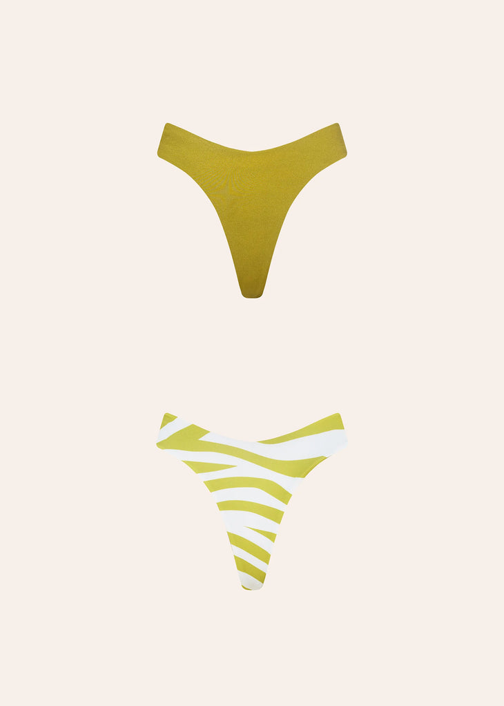 Reversible green bikini bottom with striped pattern on one side and solid color on the other — Dvete | Endless UAE
