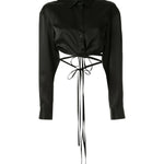 Black silk cropped shirt with wrap-around tie detail and long sleeves — Christopher Esber | Endless UAE