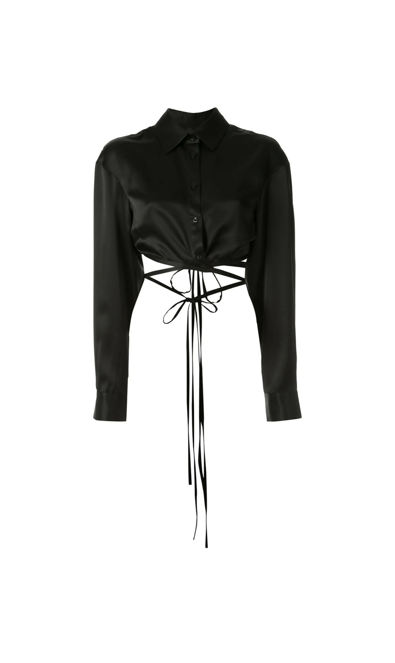 Black silk cropped shirt with wrap-around tie detail and long sleeves — Christopher Esber | Endless UAE