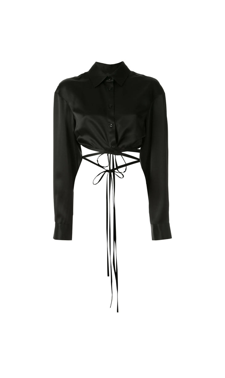 Black silk cropped shirt with wrap-around tie detail and long sleeves — Christopher Esber | Endless UAE