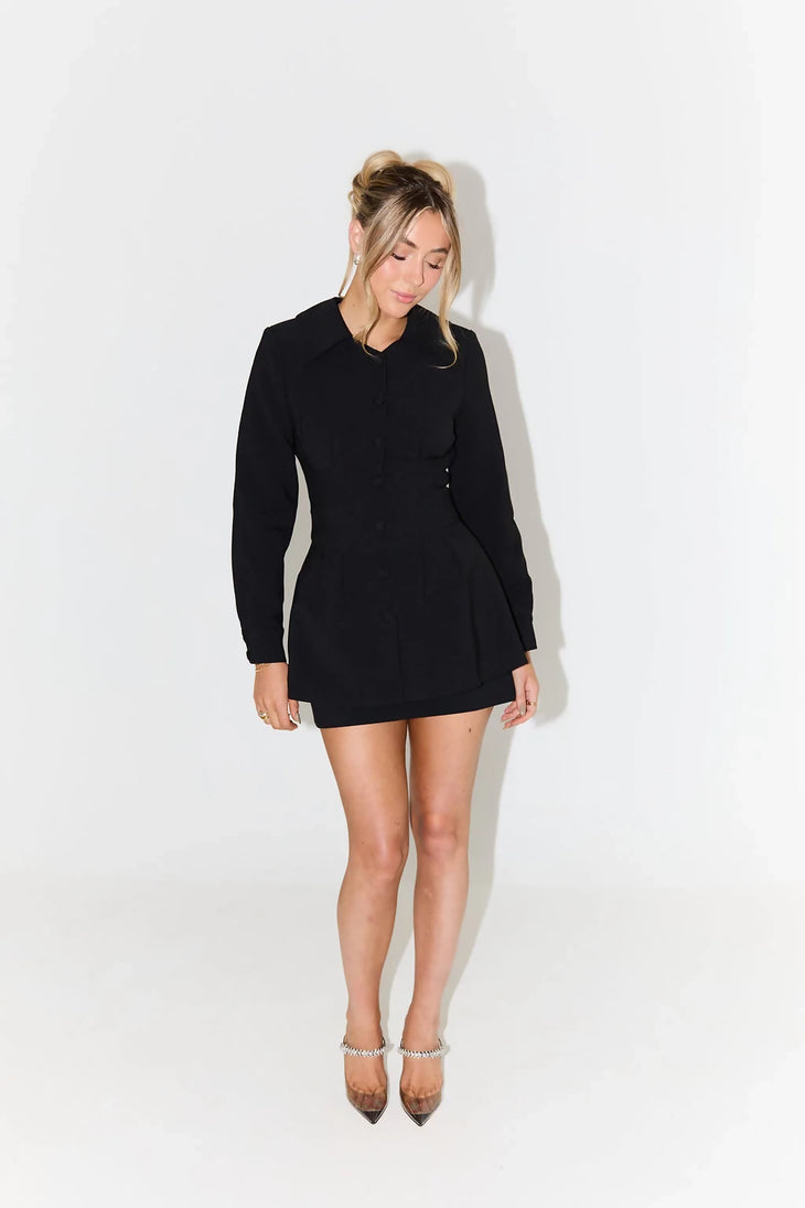 Black long sleeve hooded mini shirt dress with ribbed cuffs on blonde model wearing clear heeled shoes — Odd Muse | Endless UAE