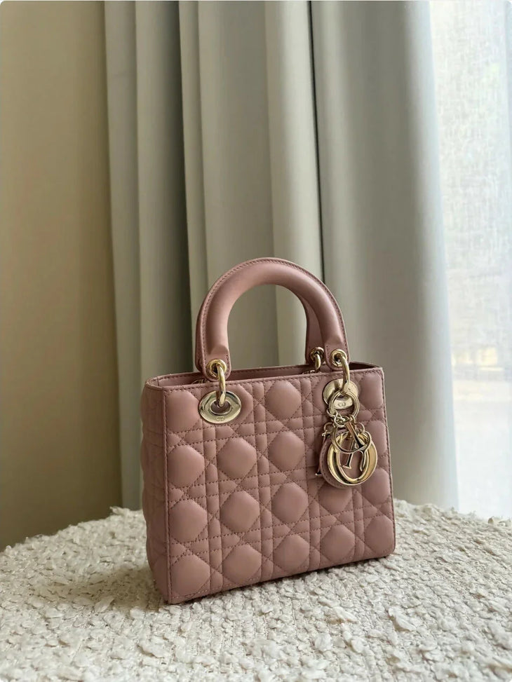 Small quilted Lady Dior bag in dusty rose with gold hardware and signature charm — Christian Dior | Endless UAE