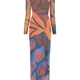 Long-sleeve maxi dress with abstract orange and blue wave print on fitted silhouette — Louisa Ballou | Endless UAE
