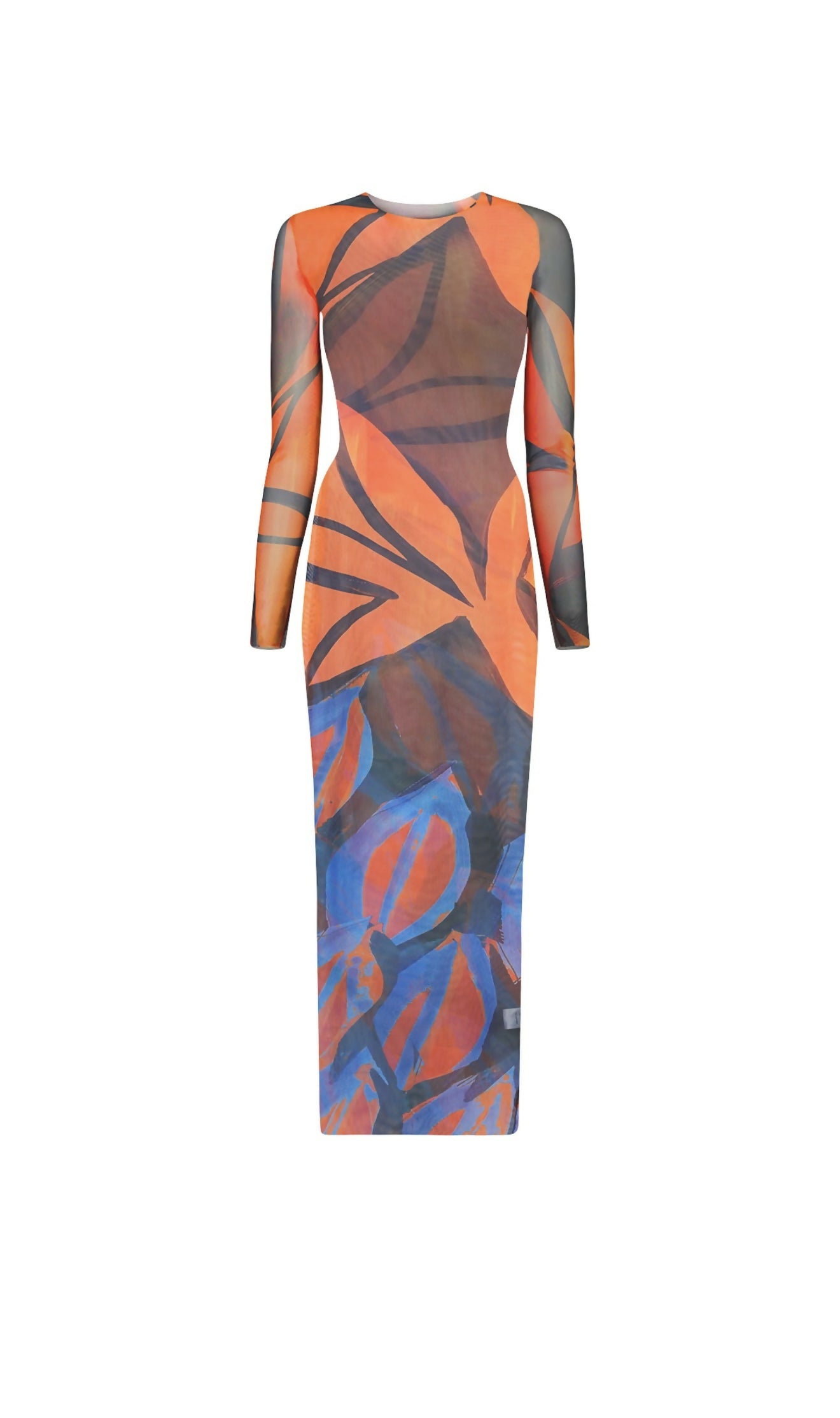 Long-sleeve maxi dress with abstract orange and blue wave print on fitted silhouette — Louisa Ballou | Endless UAE