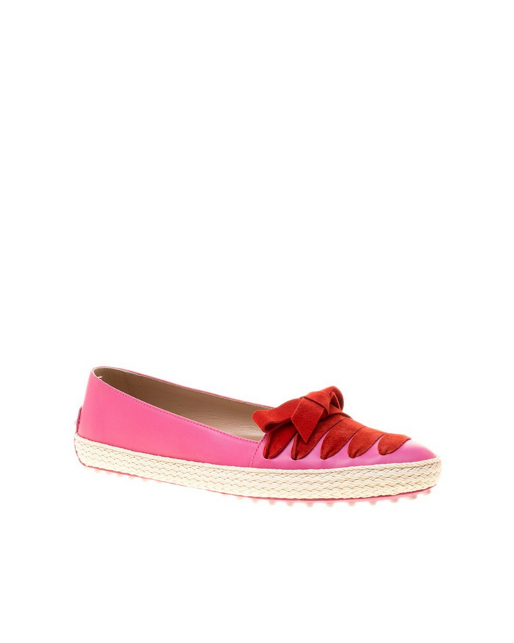 Pink leather espadrille loafers with red suede ribbon detail and rope trim sole — Tod's | Endless UAE