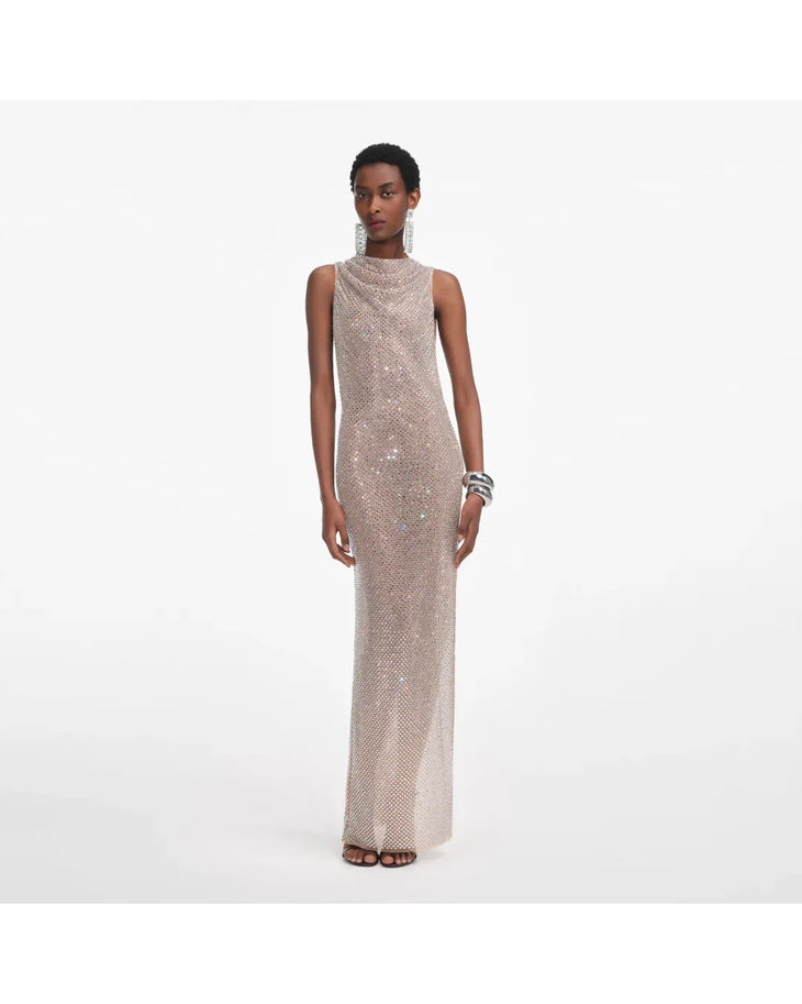 Sleeveless rhinestone maxi dress in champagne with draped neckline — Self-Portrait | Endless UAE