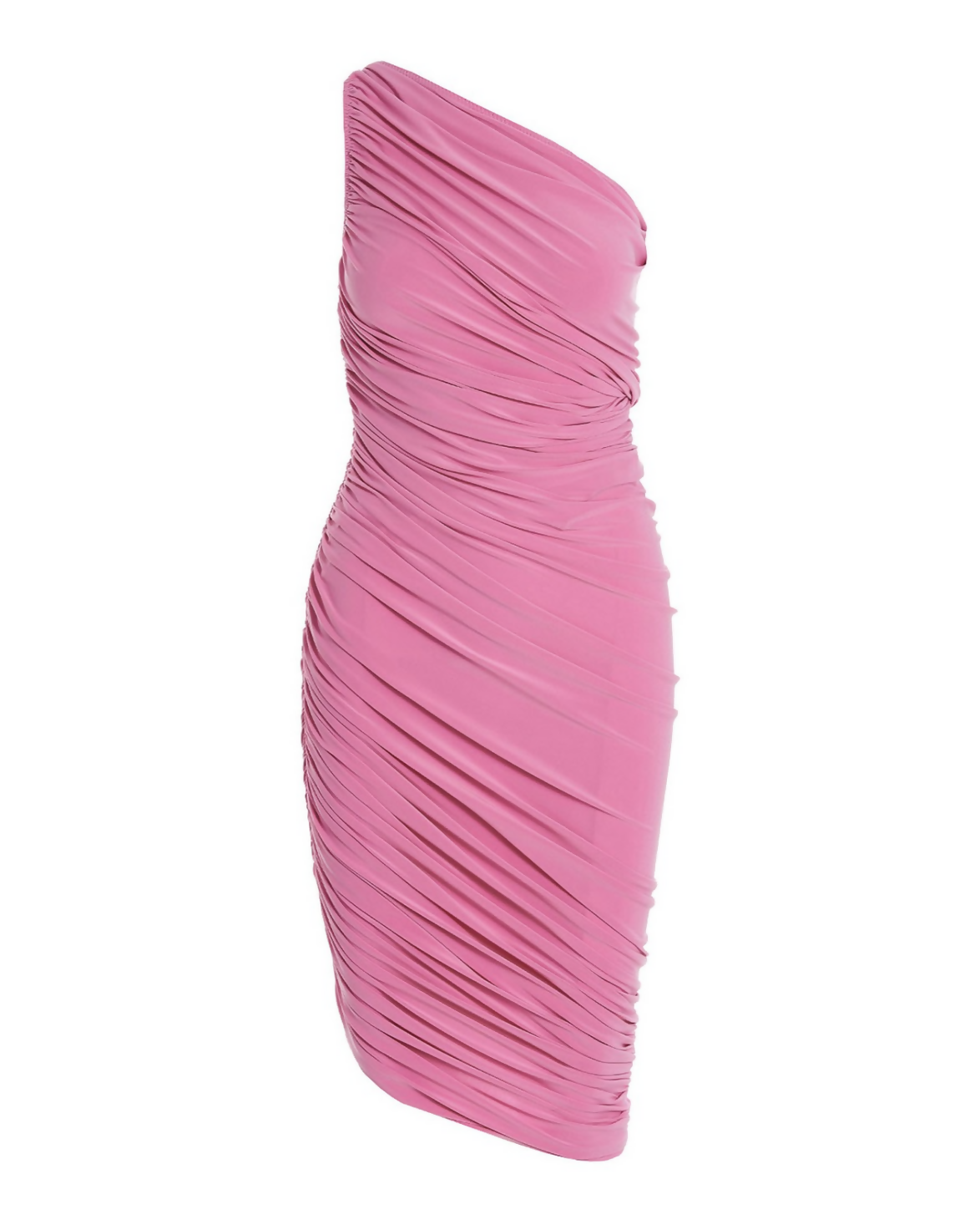 Pink one-shoulder ruched bodycon midi dress with diagonal pleating detail — Endless | Endless UAE
