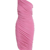 Pink one-shoulder ruched bodycon midi dress with diagonal pleating detail — Endless | Endless UAE