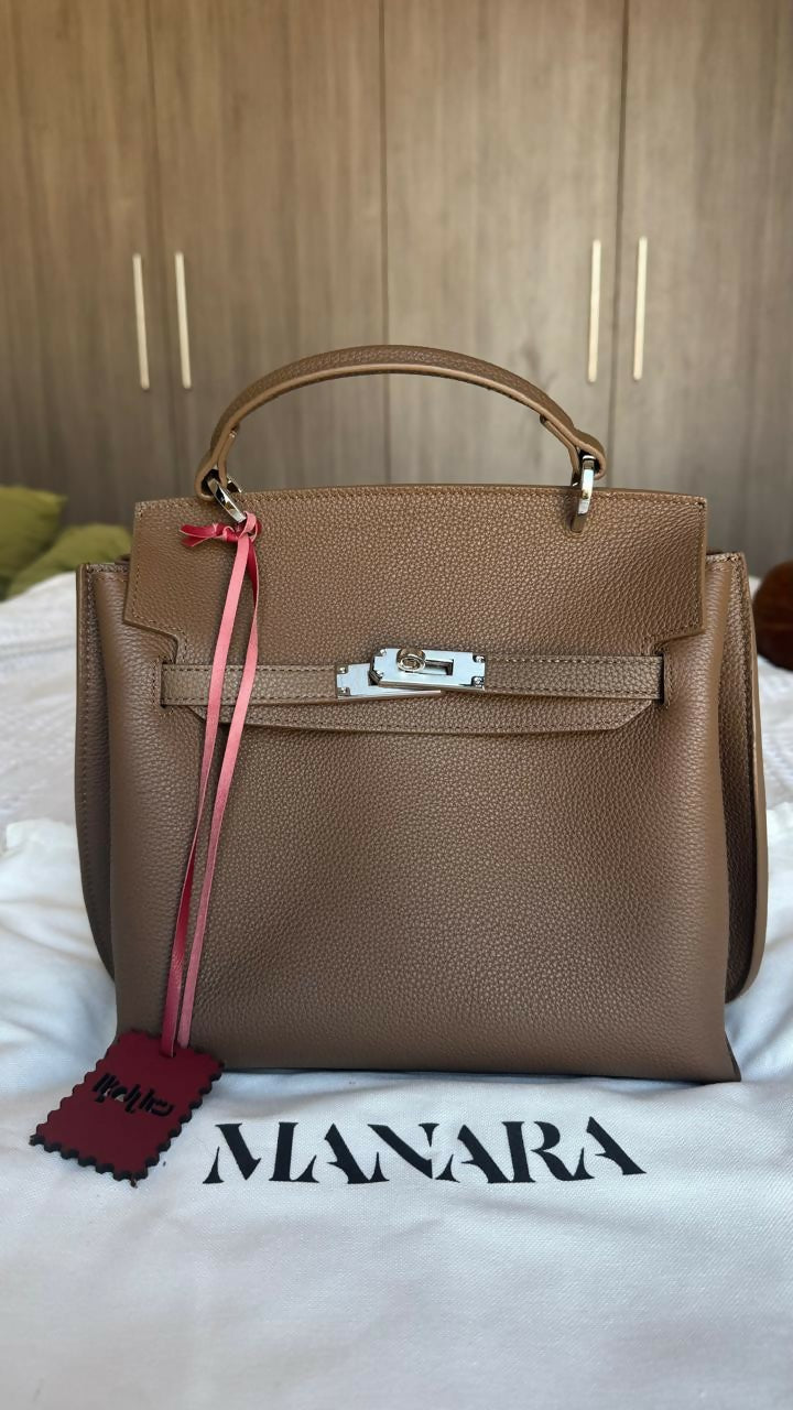 Brown leather structured handbag with gold hardware and pink shoulder strap — Endless | Endless UAE