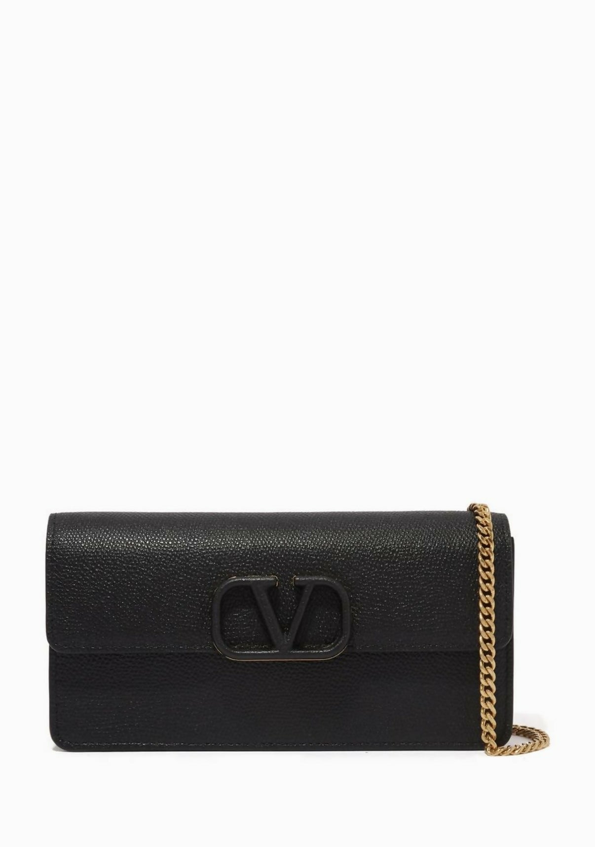 Black leather VLOGO chain wallet with gold hardware — Valentino | Endless UAE