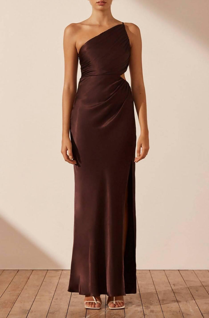 La Lune Gathered One Shoulder Maxi Dress in Cocoa - Endless - UAE Rental and Resale for Women's Fashion