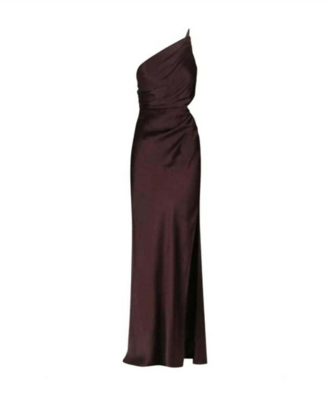 La Lune Gathered One Shoulder Maxi Dress in Cocoa - Endless