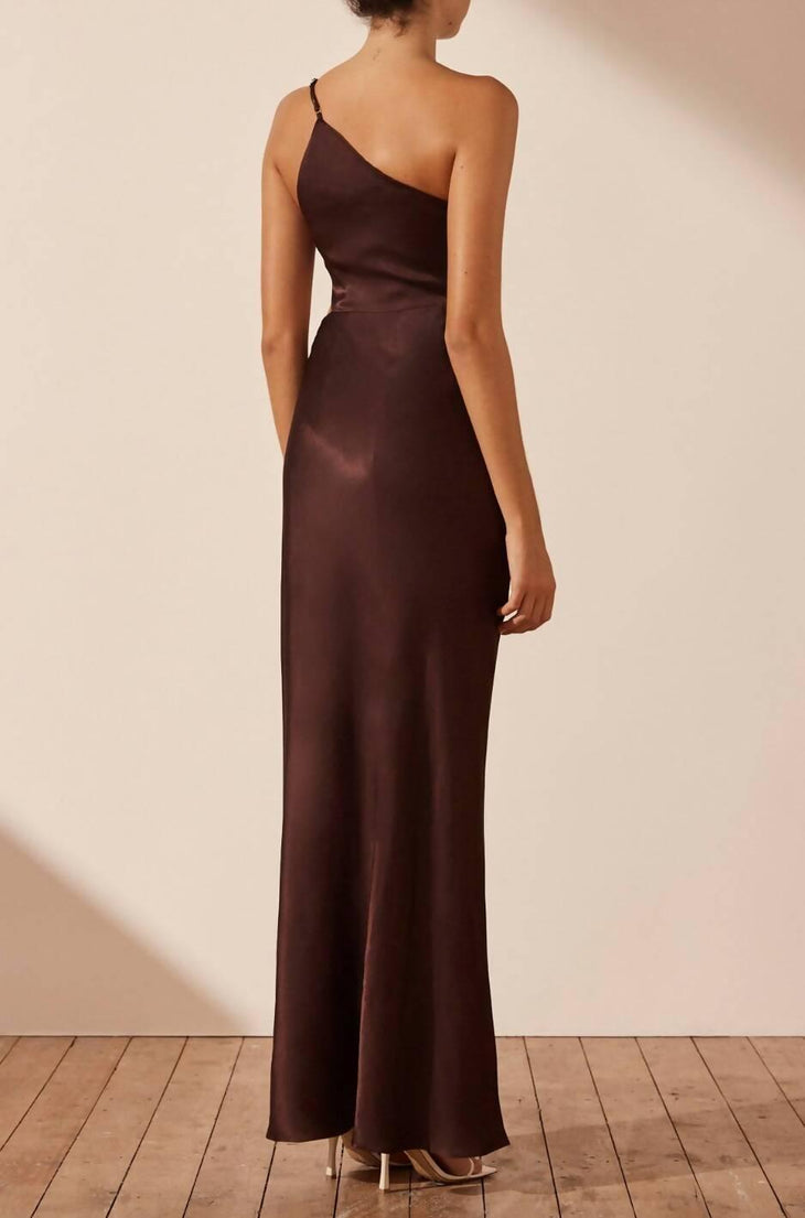 La Lune Gathered One Shoulder Maxi Dress in Cocoa - Endless - UAE Rental and Resale for Women's Fashion