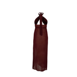 Brown La Musique Halter Neck Sheer Dress worn by woman posing in desert with power lines — Scorpio Rizing | Endless UAE