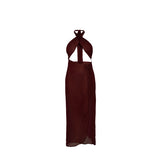 Brown La Musique Halter Neck Sheer Dress worn by woman posing in desert with power lines — Scorpio Rizing | Endless UAE