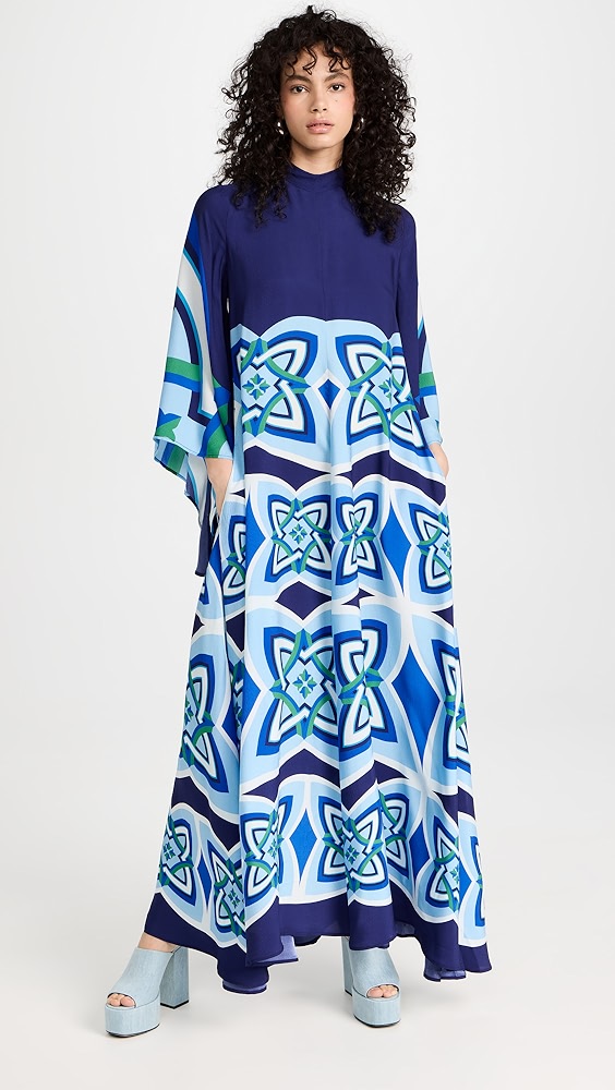 Blue and white geometric patterned maxi kaftan dress with wide sleeves and mock neck — La Doublej | Endless UAE