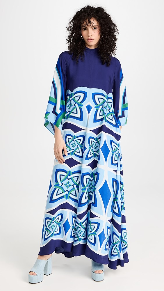 Blue maxi kaftan dress with geometric floral pattern in shades of blue, green and white featuring wide kimono sleeves — La Doublej | Endless UAE