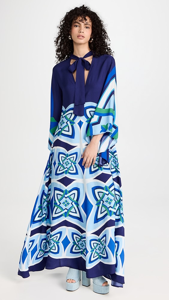 Magnifico Dress in navy blue with geometric tile print, featuring tie neck detail and flowing maxi silhouette — La Doublej | Endless UAE