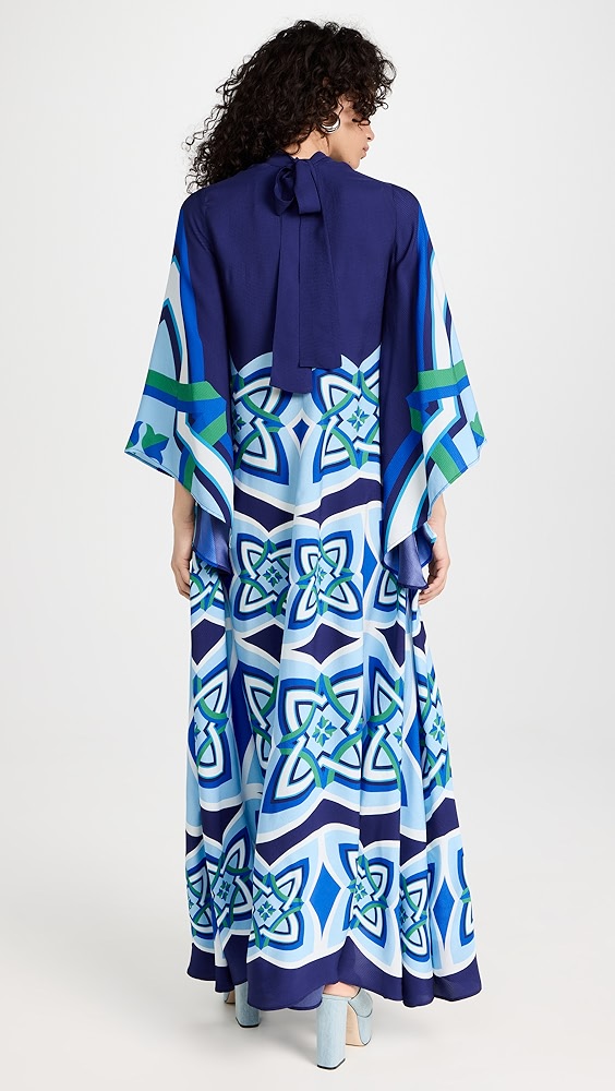 Navy blue maxi dress with geometric star pattern in blues and green, featuring wide kimono sleeves and back tie detail — La Doublej | Endless UAE