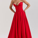 Woman wearing a red strapless corset midi dress with full skirt — House of CB | Endless UAE