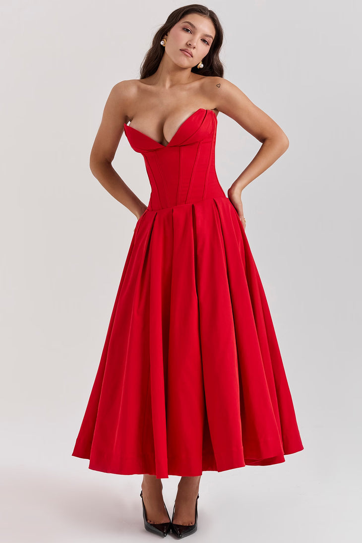 Woman wearing a red strapless corset midi dress with full skirt — House of CB | Endless UAE