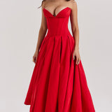 Woman wearing a red strapless corset midi dress with full skirt — House of CB | Endless UAE