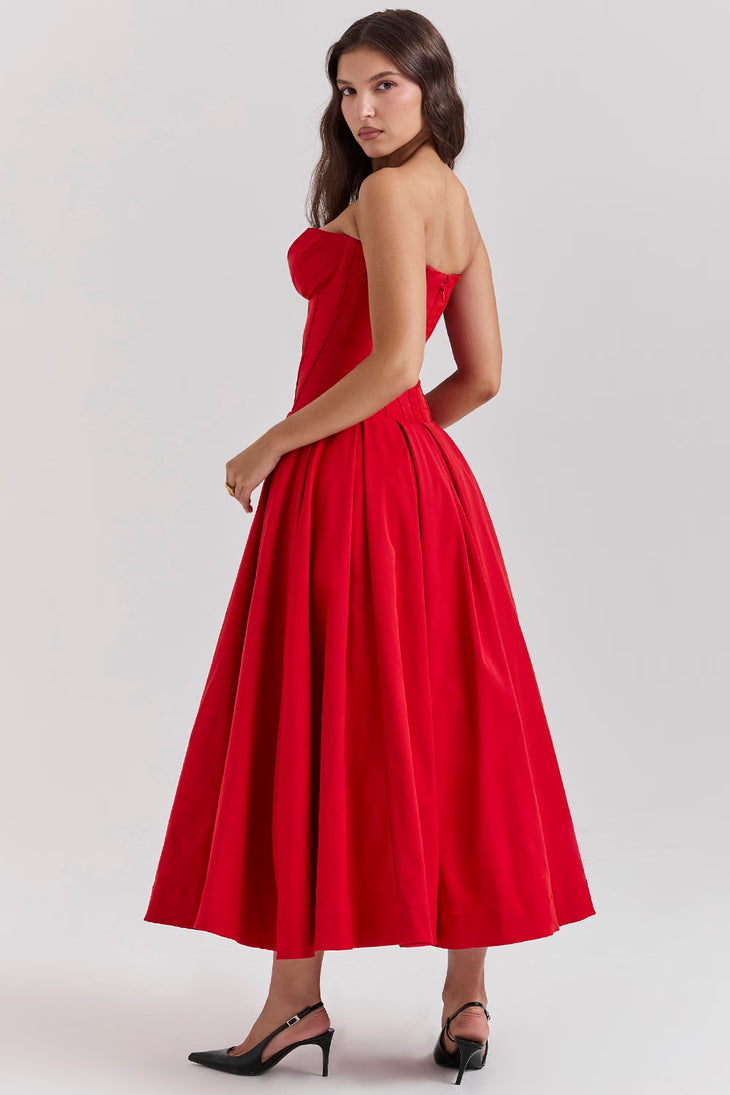 Woman wearing a red strapless corset midi dress with full skirt — House of CB | Endless UAE