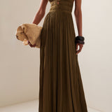 Olive pleated georgette gown with deep V-neckline and cinched waist — Ulla Johnson | Endless UAE