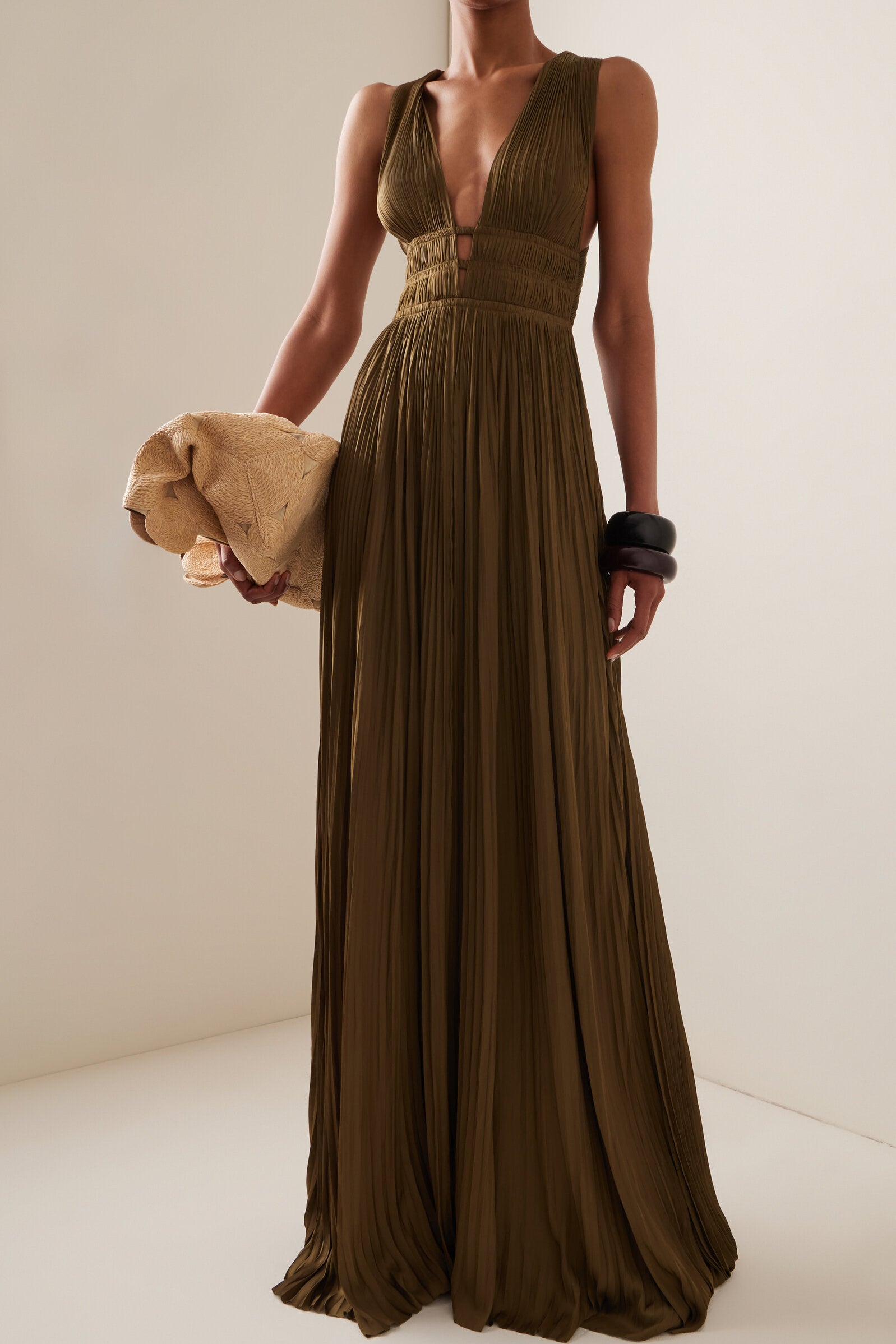 Olive pleated georgette gown with deep V-neckline and cinched waist — Ulla Johnson | Endless UAE