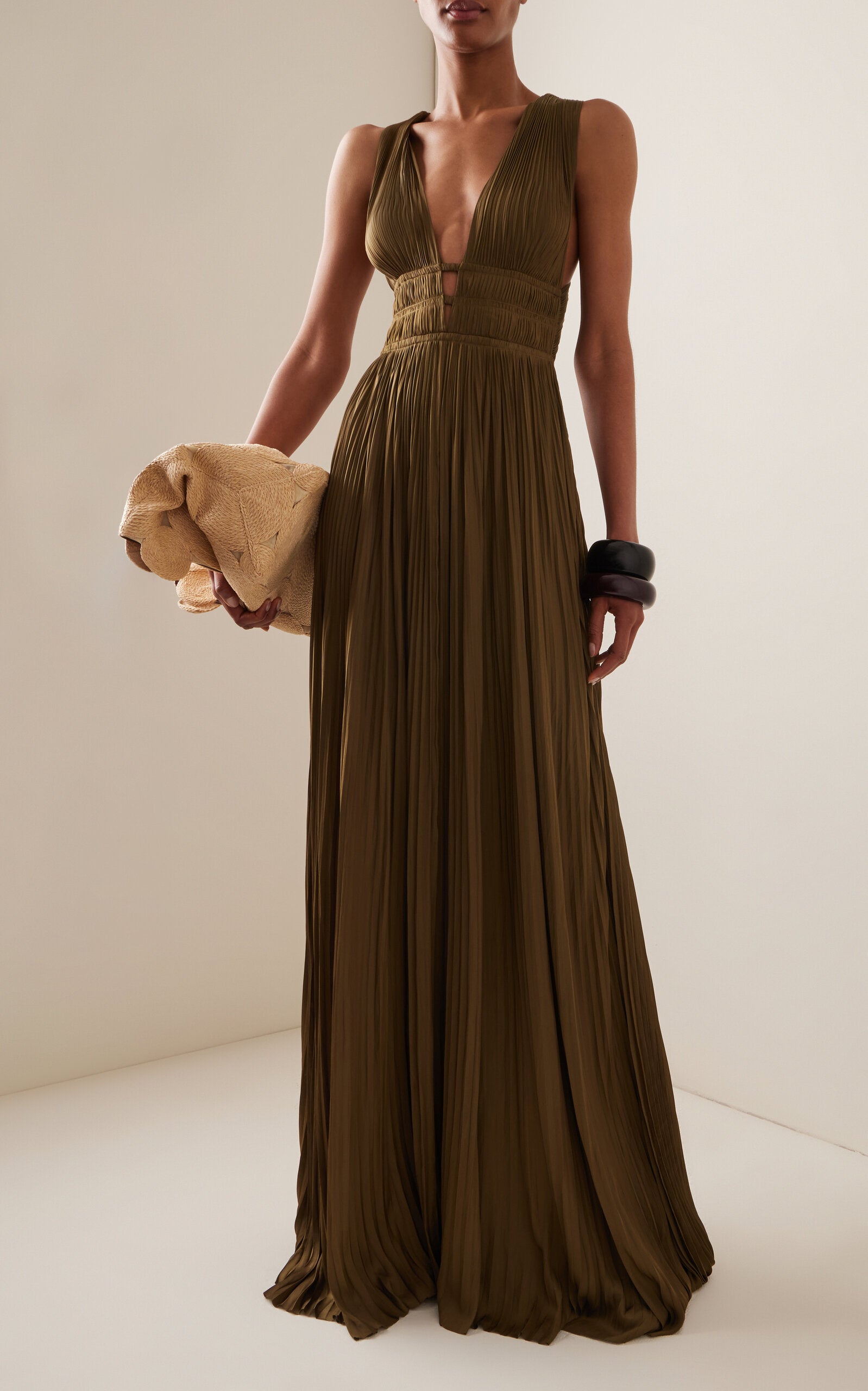 Olive pleated georgette gown with deep V-neckline and cinched waist — Ulla Johnson | Endless UAE