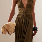 Olive pleated georgette gown with deep V-neckline and cinched waist — Ulla Johnson | Endless UAE
