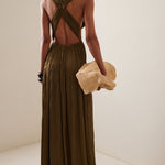 Olive pleated georgette gown with deep V-neckline and cinched waist — Ulla Johnson | Endless UAE