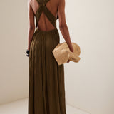 Olive pleated georgette gown with deep V-neckline and cinched waist — Ulla Johnson | Endless UAE