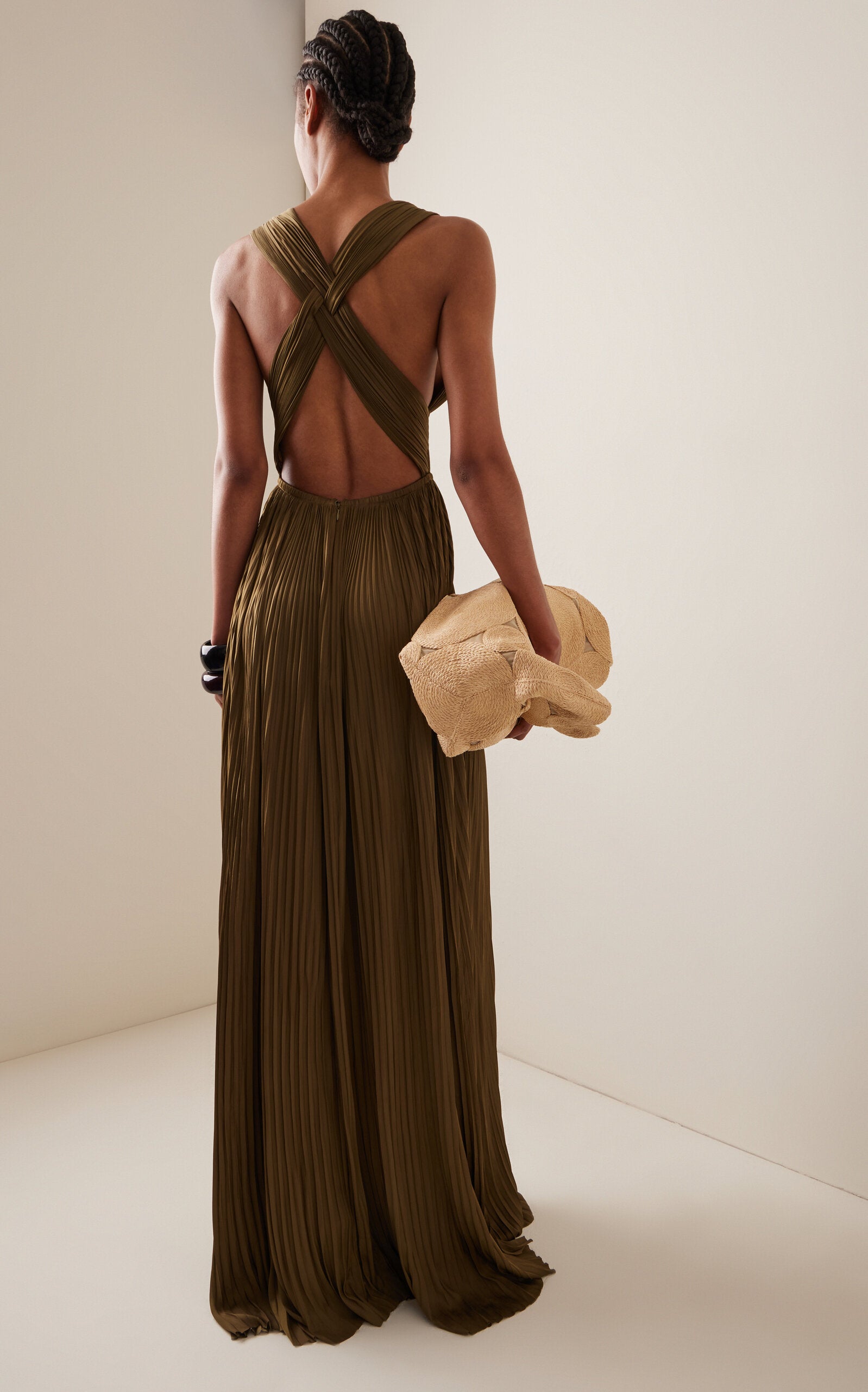 Olive pleated georgette gown with deep V-neckline and cinched waist — Ulla Johnson | Endless UAE