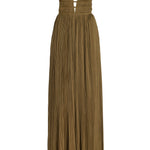 Olive pleated georgette gown with deep V-neckline and cinched waist — Ulla Johnson | Endless UAE