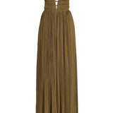 Olive pleated georgette gown with deep V-neckline and cinched waist — Ulla Johnson | Endless UAE