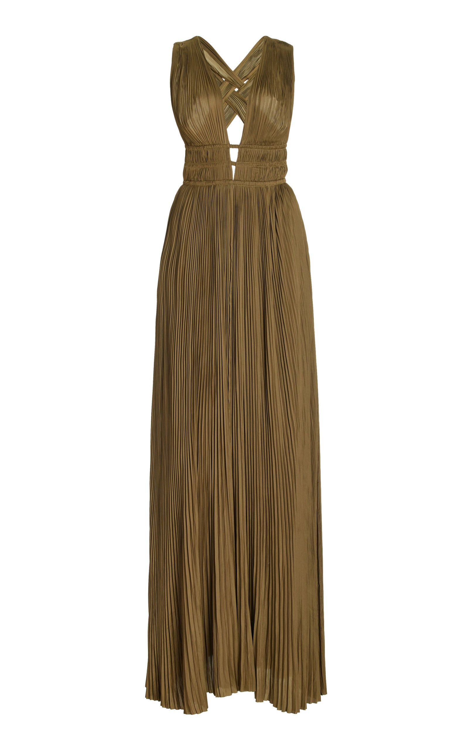 Olive pleated georgette gown with deep V-neckline and cinched waist — Ulla Johnson | Endless UAE