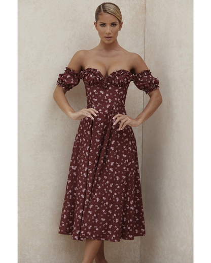 Lauren Wine Floral Strapless Midi Dress