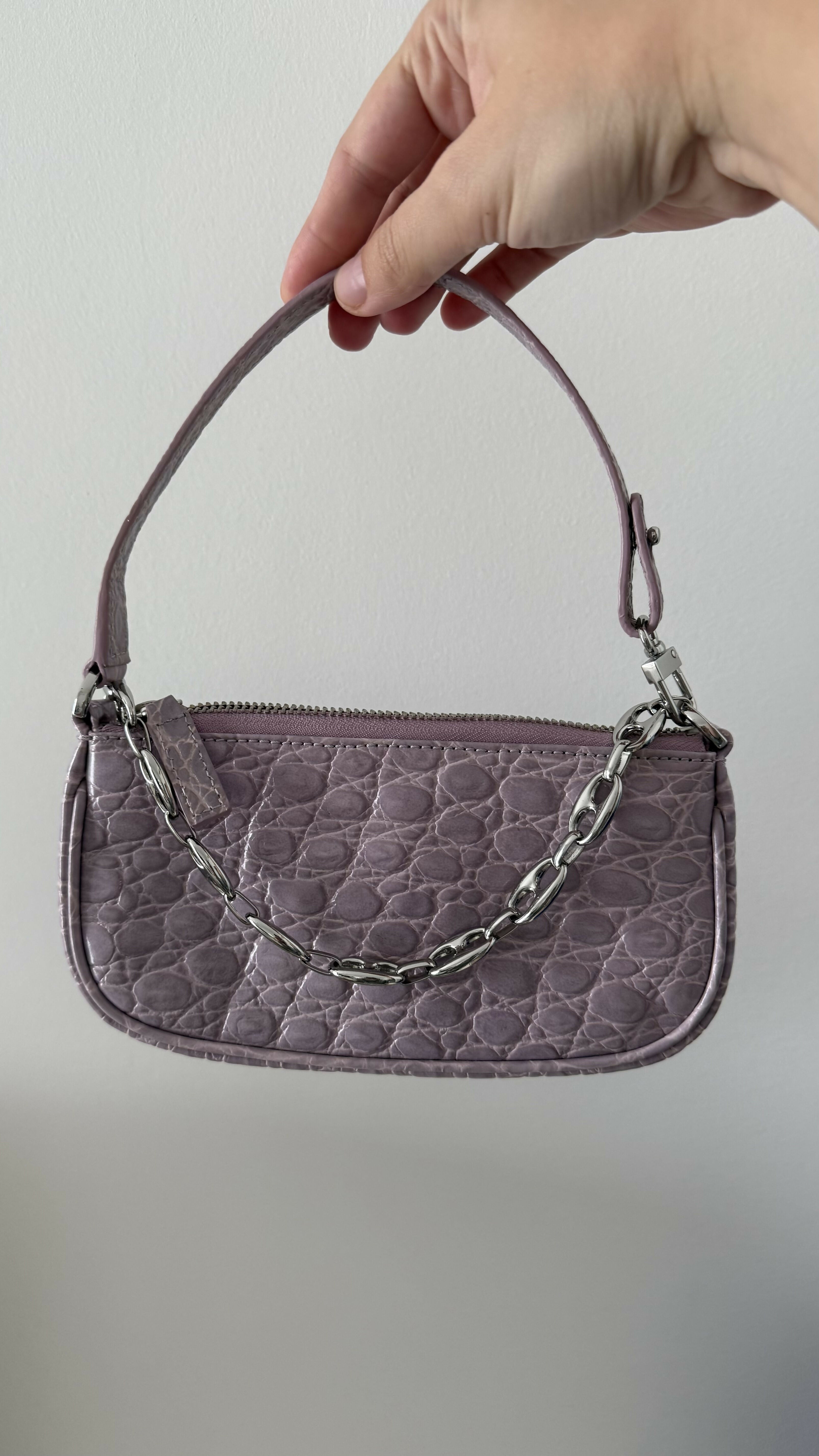 Mini Rachel Lilac Croco Embossed Leather Bag held in hand against white background — By Far | Endless UAE