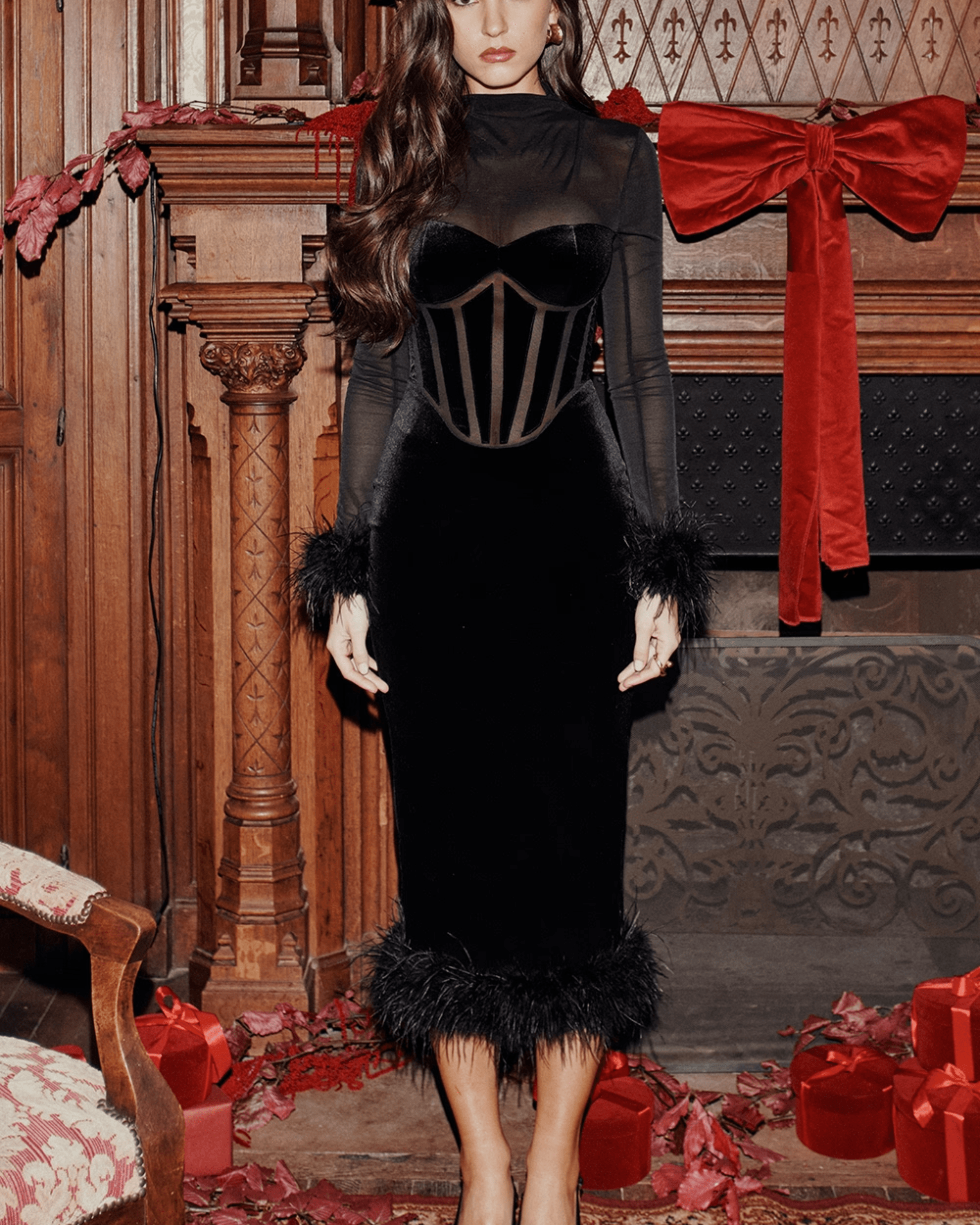 Lianna Black Velvet Midi Dress - Endless - UAE Rental and Resale for Women's Fashion