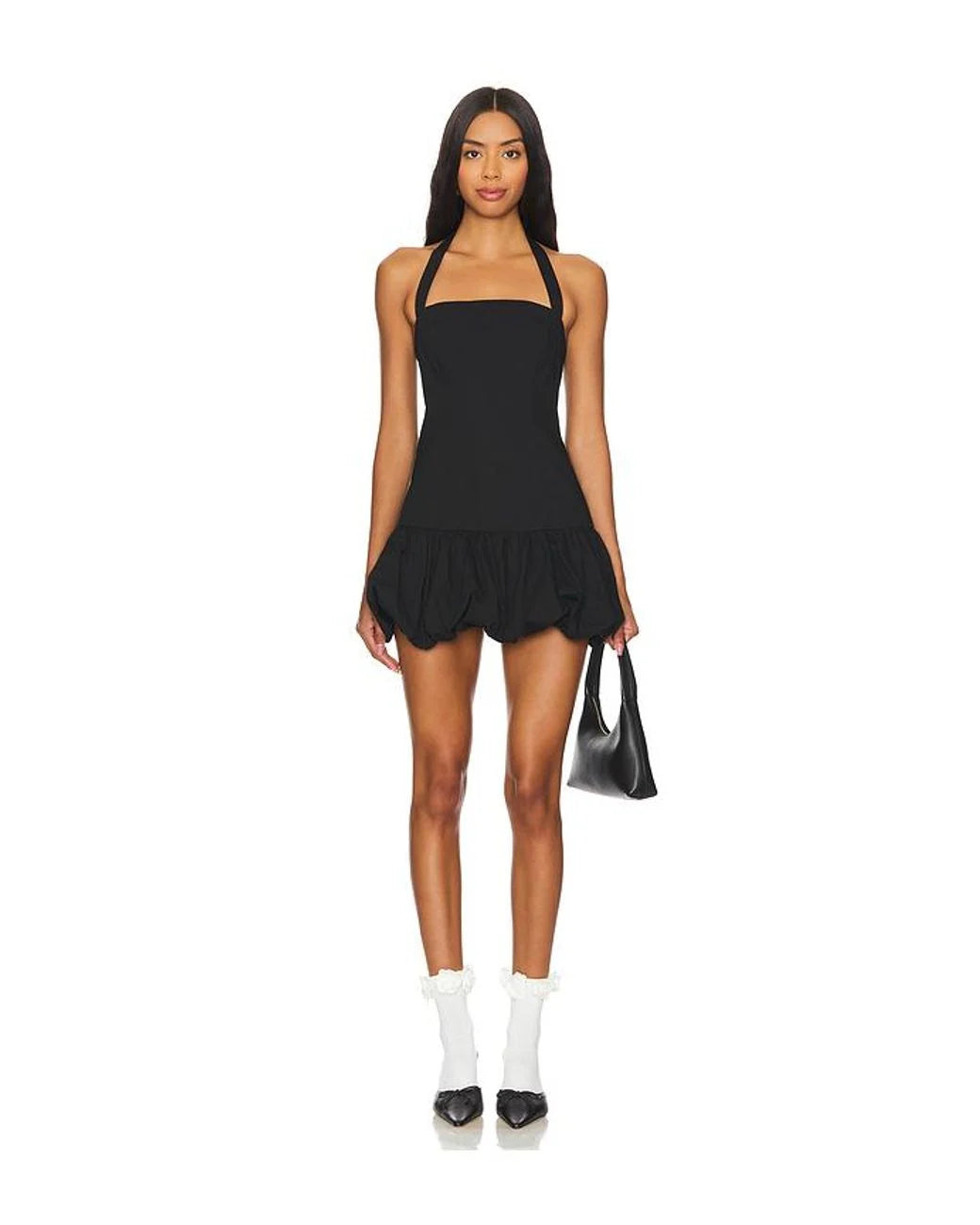 Black halter neck mini dress with bubble hem detail, worn with white socks and black pointed shoes — Lioness | Endless UAE