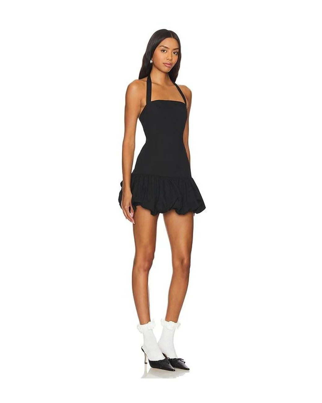 Black halter neck mini dress with ruffled hem worn with white socks and black heels — Lioness | Endless UAE