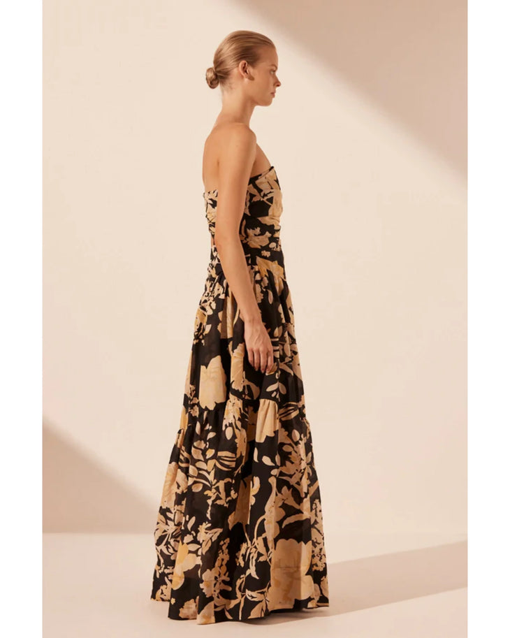 Xenia Strapless Tiered Maxi Dress in black and tan floral print — Shona Joy | Endless UAE