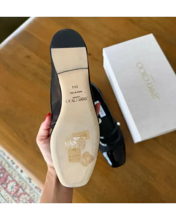 Black mesh ballet flats with patent leather toe cap and pearl-embellished strap detail — Jimmy Choo | Endless UAE