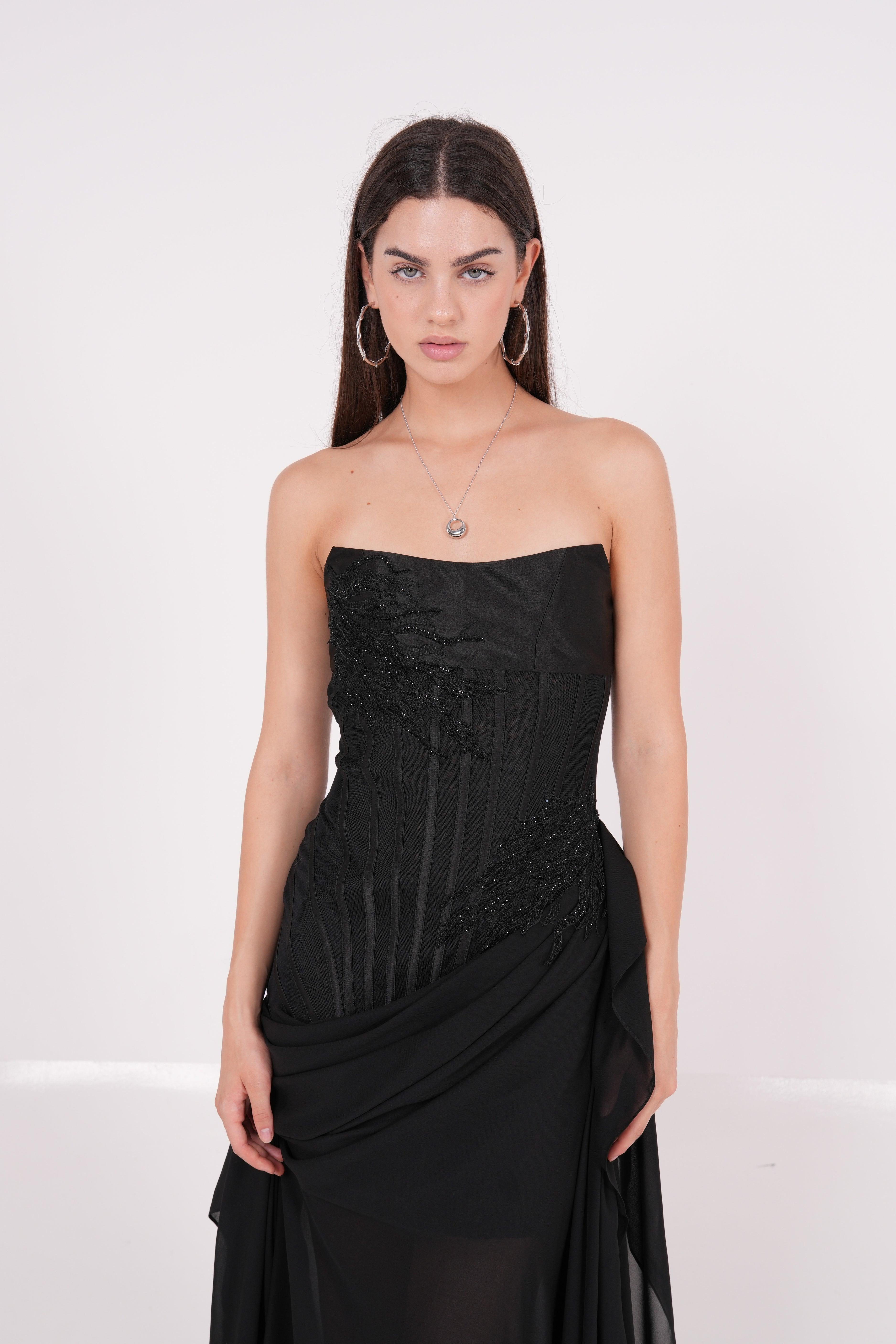 Long Black Draped Dress - Endless - UAE Rental and Resale for Women's Fashion