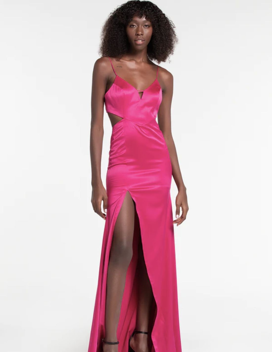 Long pink satin party dress with thin straps, cutout waist detail, and high front slit — Lily Blanc | Endless UAE