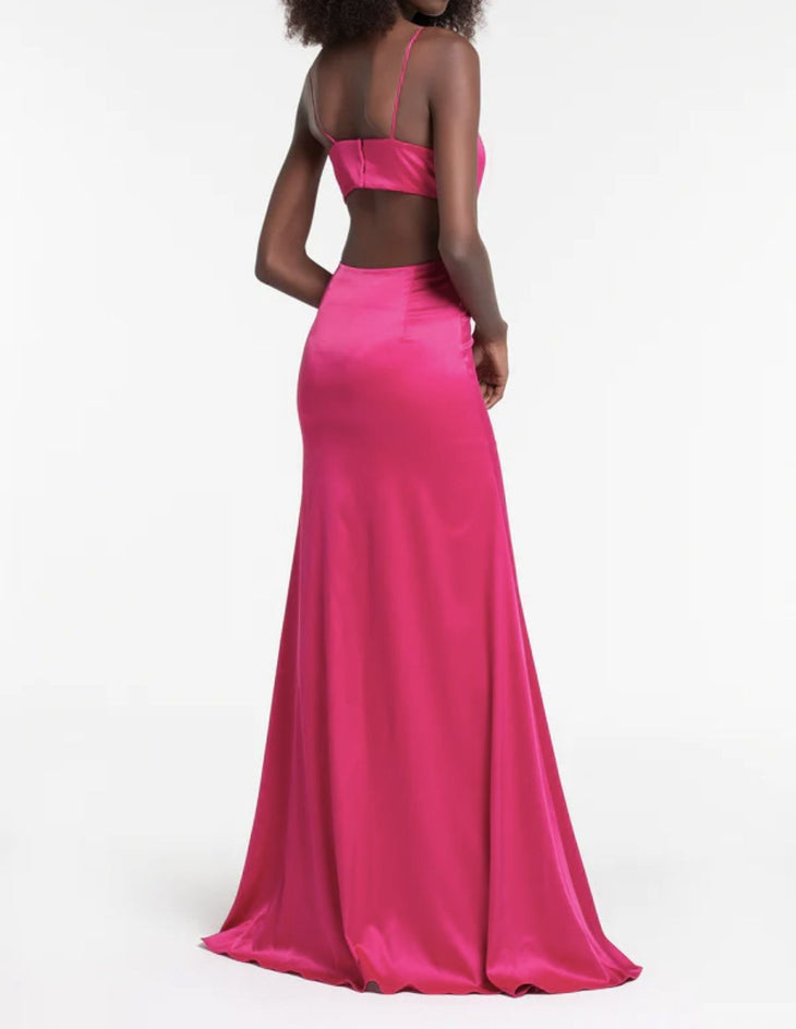 Long pink satin party dress with thin straps, cutout waist detail, and high front slit — Lily Blanc | Endless UAE