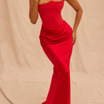 Scarlet red strapless corset maxi dress with ruched hip detail and floor-length silhouette — House of CB | Endless UAE