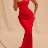 Scarlet red strapless corset maxi dress with ruched hip detail and floor-length silhouette — House of CB | Endless UAE