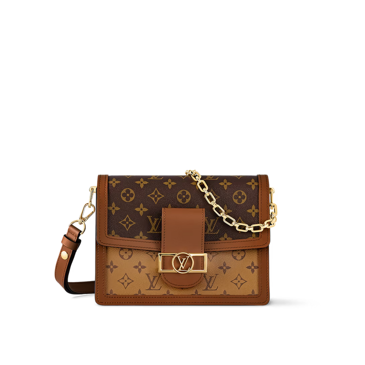 Louis Vuitton Dauphine MM bag in monogram canvas with brown leather trim, chain strap, and gold-tone LV clasp — Louis Vuitton | Endless UAE